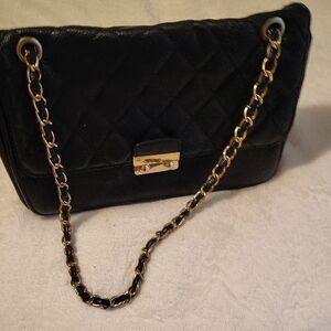 Attention Black Quilted Shoulder Bag with Gold Chain
